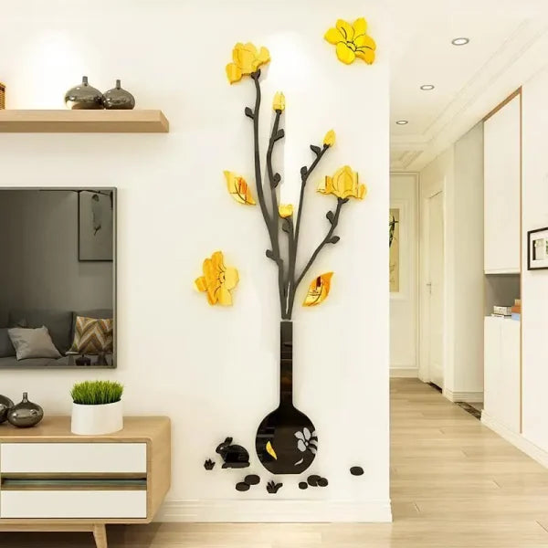 Acrylic Yellow floral vase wooden wall decoration